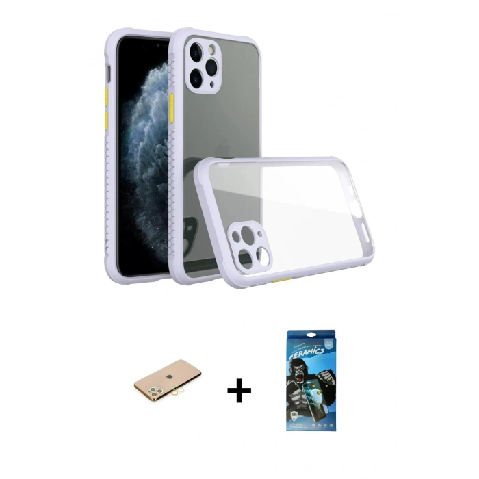MARSİLYAN™- iPhone 11 Pro Kılıf Nova Asil Özel Seri - Siyah 34D Izgaralı Cam + Sarı Renkli Kamera Lens Koruma Cam