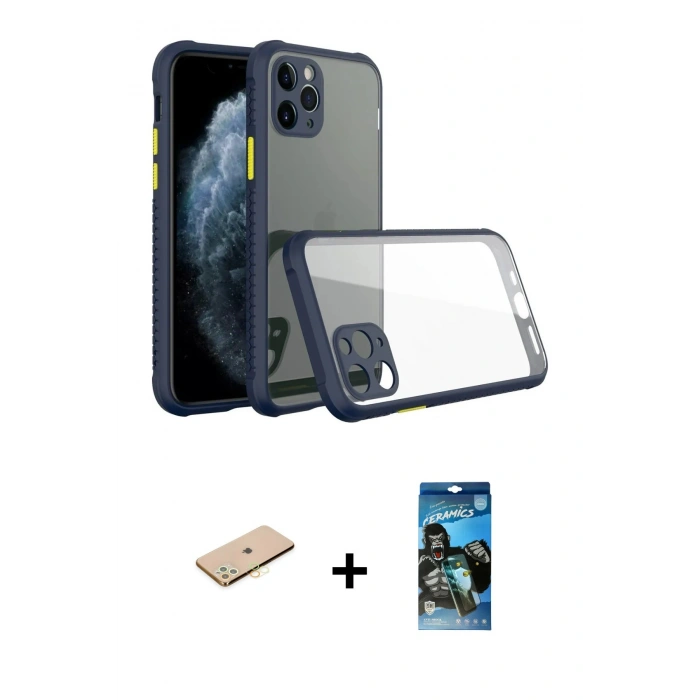 MARSİLYAN™- iPhone 11 Pro Kılıf Nova Asil Özel Seri - Siyah 34D Izgaralı Cam + Sarı Renkli Kamera Lens Koruma Cam