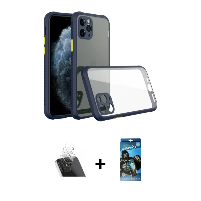MARSİLYAN™- iPhone 11 Pro Kılıf Nova Asil Özel Seri - Siyah 34D Izgaralı Cam + Şeffaf Kamera Lens Koruma Cam