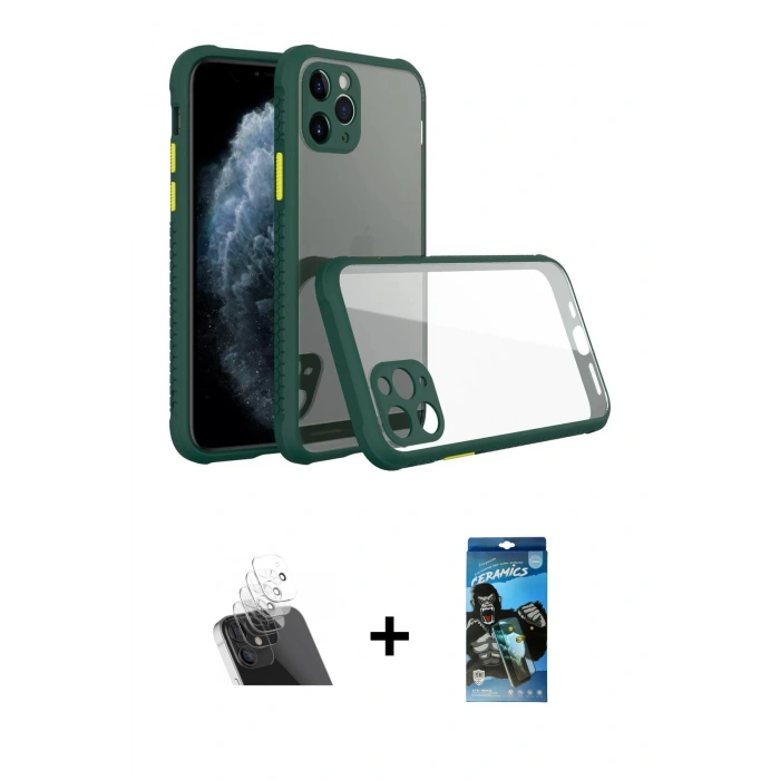 MARSİLYAN™- iPhone 11 Pro Kılıf Nova Asil Özel Seri - Siyah 34D Izgaralı Cam + Şeffaf Kamera Lens Koruma Cam
