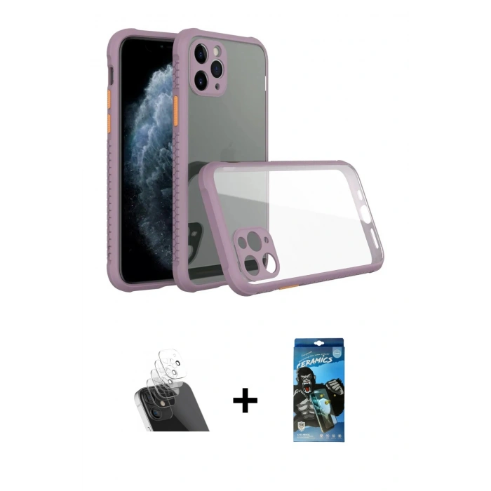 MARSİLYAN™- iPhone 11 Pro Kılıf Nova Asil Özel Seri - Siyah 34D Izgaralı Cam + Şeffaf Kamera Lens Koruma Cam