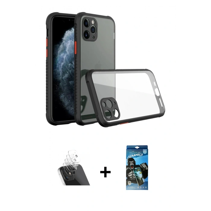 MARSİLYAN™- iPhone 11 Pro Kılıf Nova Asil Özel Seri - Siyah 34D Izgaralı Cam + Şeffaf Kamera Lens Koruma Cam