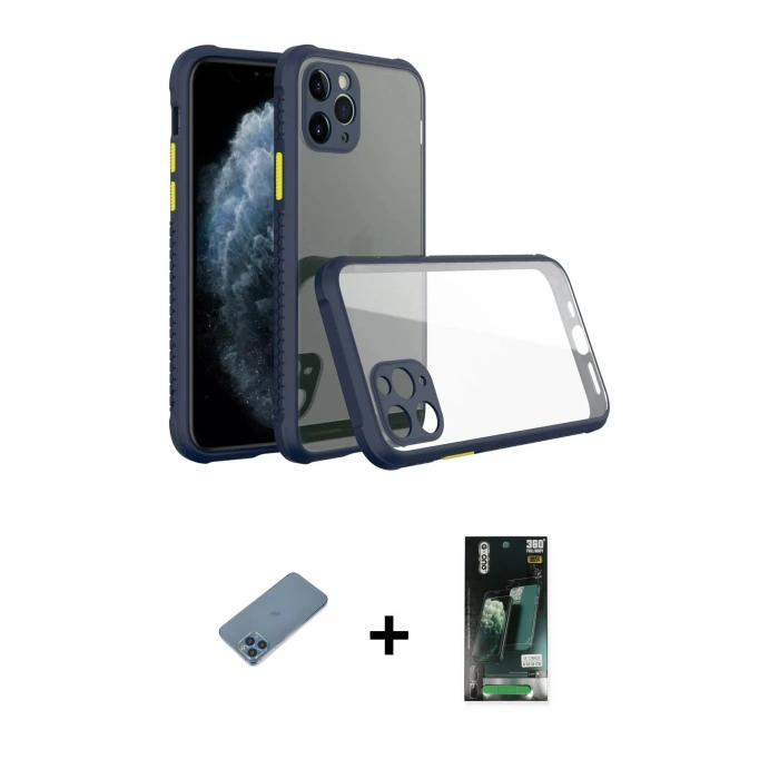 MARSİLYAN™- iPhone 11 Pro Kılıf Nova Asil Özel Seri - Siyah 360 Mat Full Body Arka Koruyucu + Shine Kamera Lens Koruma Cam - MI