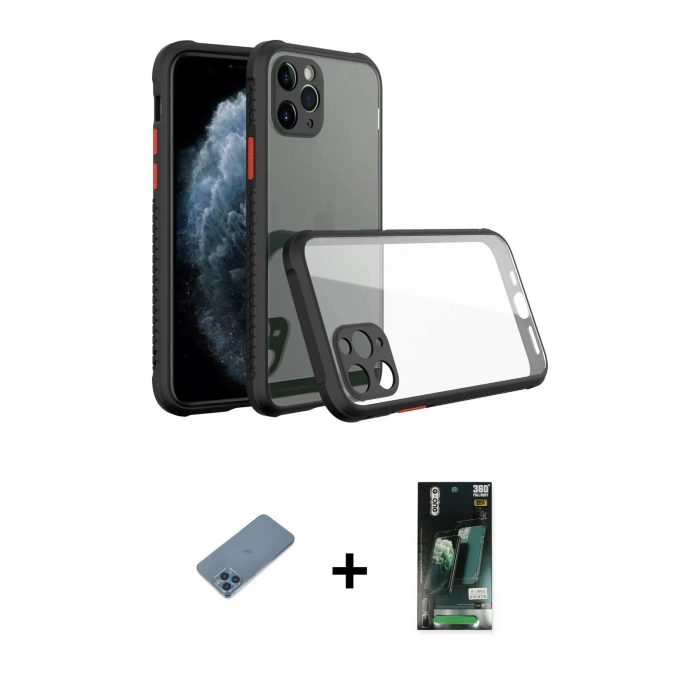 MARSİLYAN™- iPhone 11 Pro Kılıf Nova Asil Özel Seri - Siyah 360 Mat Full Body Arka Koruyucu + Shine Kamera Lens Koruma Cam - MI