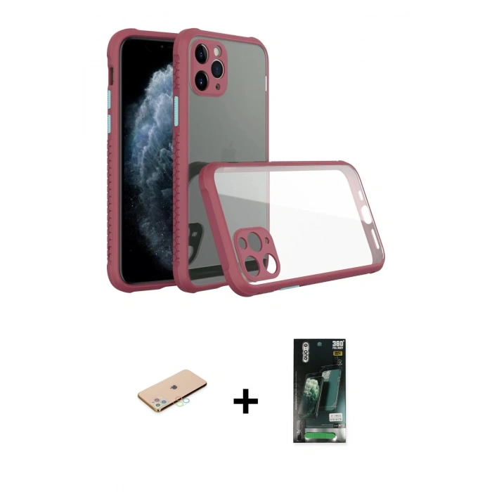 MARSİLYAN™- iPhone 11 Pro Kılıf Nova Asil Özel Seri - Siyah 360 Mat Full Body Arka Koruyucu + Renkli Kamera Lens Koruma Cam - MI