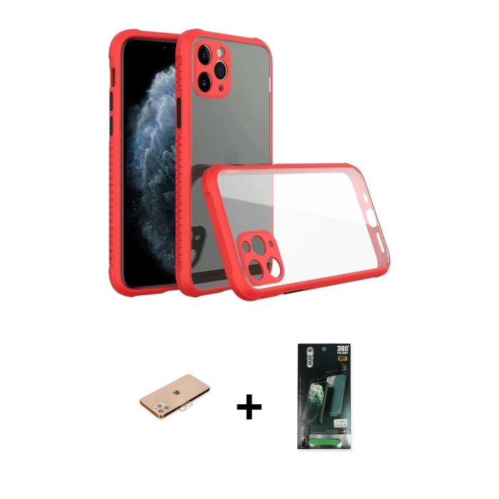 MARSİLYAN™- iPhone 11 Pro Kılıf Nova Asil Özel Seri - Siyah 360 Mat Full Body Arka Koruyucu + Renkli Kamera Lens Koruma Cam - TU