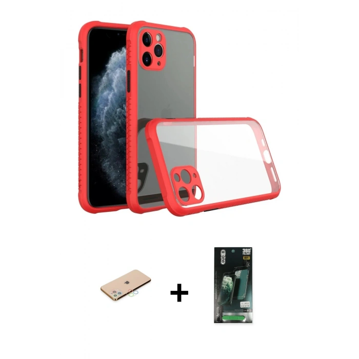 MARSİLYAN™- iPhone 11 Pro Kılıf Nova Asil Özel Seri - Siyah 360 Mat Full Body Arka Koruyucu + Renkli Kamera Lens Koruma Cam - MI