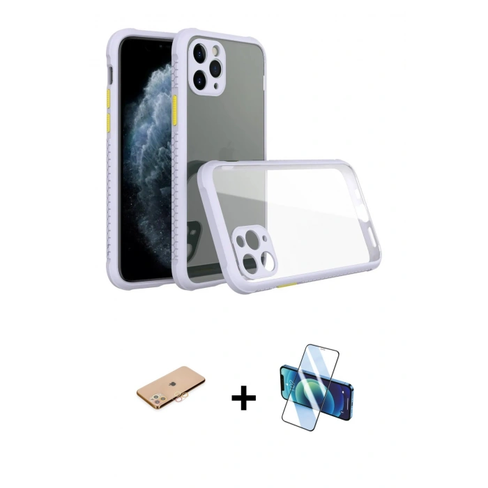MARSİLYAN™- iPhone 11 Pro Kılıf Nova Asil Özel Seri - Siyah 3D Antistatik Cam Ekran Koruyucu + Renkli Kamera Lens Koruma Cam - TU