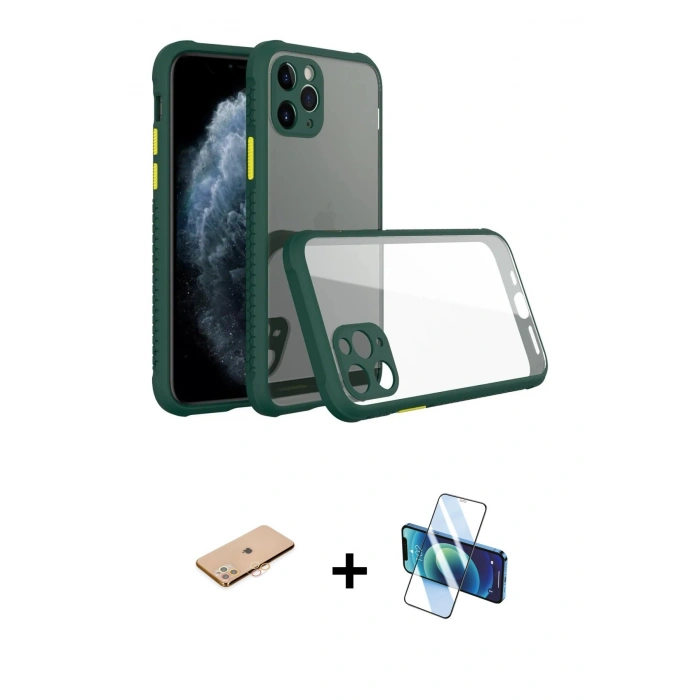 MARSİLYAN™- iPhone 11 Pro Kılıf Nova Asil Özel Seri - Siyah 3D Antistatik Cam Ekran Koruyucu + Renkli Kamera Lens Koruma Cam - TU