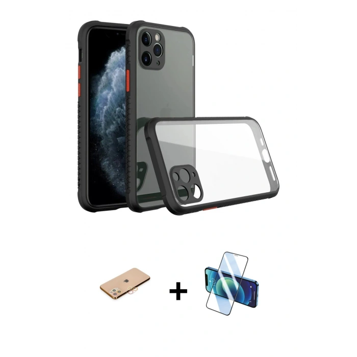 MARSİLYAN™- iPhone 11 Pro Kılıf Nova Asil Özel Seri - Siyah 3D Antistatik Cam Ekran Koruyucu + Renkli Kamera Lens Koruma Cam - TU