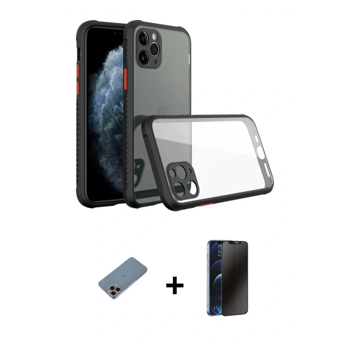 MARSİLYAN™- iPhone 11 Pro Kılıf Nova Asil Özel Seri - Siyah 3D Antistatik Hayalet Cam Ekran Koruyucu + Shine Kamera Lens Koruma Cam - PE