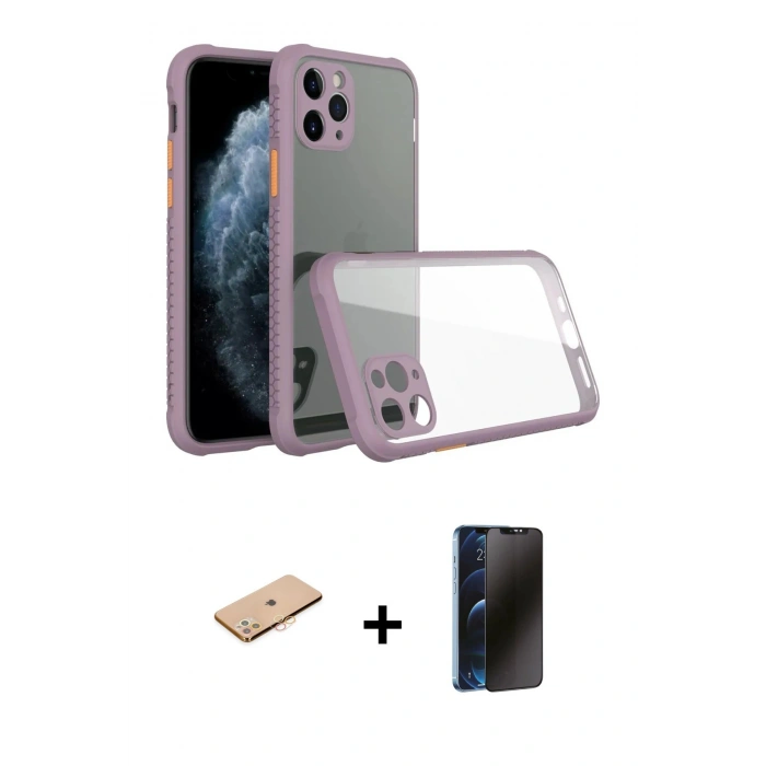 MARSİLYAN™- iPhone 11 Pro Kılıf Nova Asil Özel Seri - Siyah 3D Antistatik Hayalet Cam Ekran Koruyucu + Renkli Kamera Lens Koruma Cam - TU