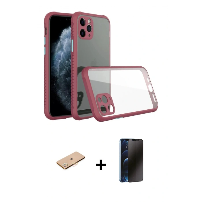 MARSİLYAN™- iPhone 11 Pro Kılıf Nova Asil Özel Seri - Siyah 3D Antistatik Hayalet Cam Ekran Koruyucu + Renkli Kamera Lens Koruma Cam - TU