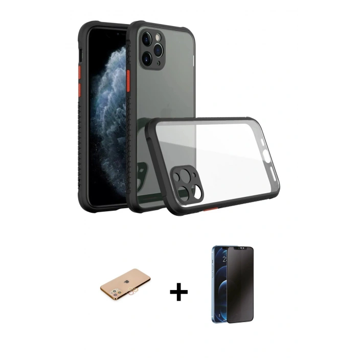 MARSİLYAN™- iPhone 11 Pro Kılıf Nova Asil Özel Seri - Siyah 3D Antistatik Hayalet Cam Ekran Koruyucu + Renkli Kamera Lens Koruma Cam - TU
