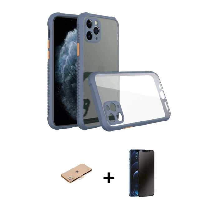 MARSİLYAN™- iPhone 11 Pro Kılıf Nova Asil Özel Seri - Siyah 3D Antistatik Hayalet Cam Ekran Koruyucu + Renkli Kamera Lens Koruma Cam - TU