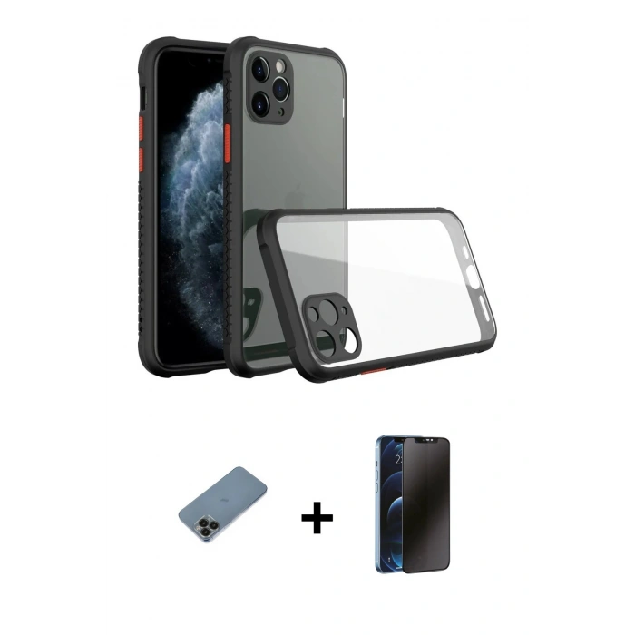 MARSİLYAN™- iPhone 11 Pro Kılıf Nova Asil Özel Seri - Siyah 3D Antistatik Hayalet Cam Ekran Koruyucu + Shine Kamera Lens Koruma Cam - SH
