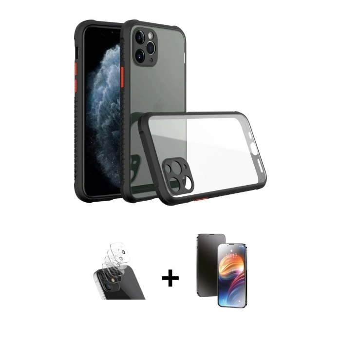 MARSİLYAN™- iPhone 11 Pro Kılıf Nova Asil Özel Seri - Siyah 3D Antistatik Mat Seramik Nano Ekran Koruyucu + Kamera Lens Koruma Cam - SF