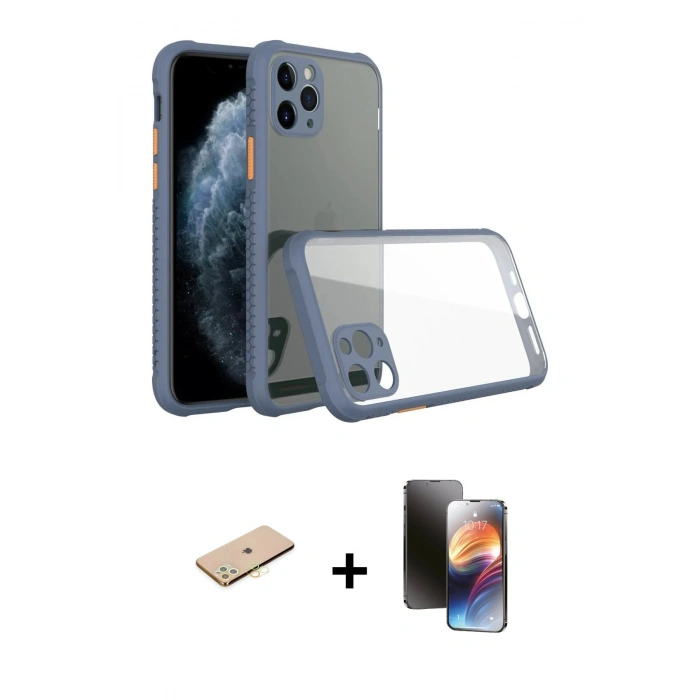 MARSİLYAN™- iPhone 11 Pro Kılıf Nova Asil Özel Seri - Siyah 3D Antistatik Mat Seramik Nano Ekran Koruyucu + Pembe Renkli Kamera Lens Koruma Cam