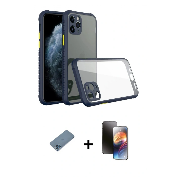 MARSİLYAN™- iPhone 11 Pro Kılıf Nova Asil Özel Seri - Siyah 3D Antistatik Mat Seramik Nano Ekran Koruyucu + Mavi Shine Kamera Lens Koruma Cam