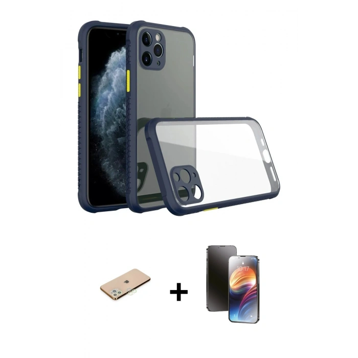 MARSİLYAN™- iPhone 11 Pro Kılıf Nova Asil Özel Seri - Siyah 3D Antistatik Mat Seramik Nano Ekran Koruyucu + Renkli Kamera Lens Koruma Cam - YL