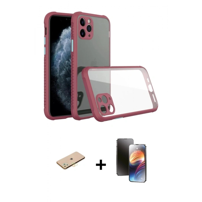 MARSİLYAN™- iPhone 11 Pro Kılıf Nova Asil Özel Seri - Siyah 3D Antistatik Mat Seramik Nano Ekran Koruyucu + Pembe Renkli Kamera Lens Koruma Cam