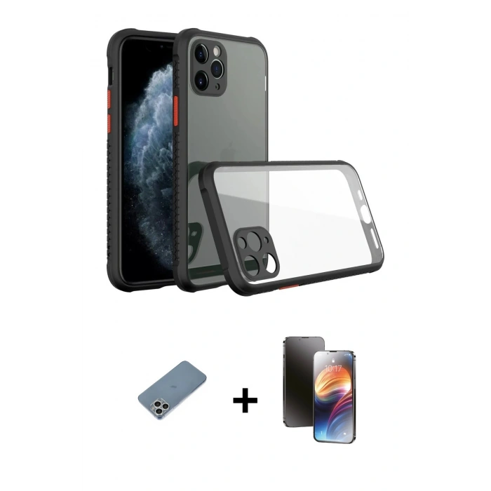 MARSİLYAN™- iPhone 11 Pro Kılıf Nova Asil Özel Seri - Siyah 3D Antistatik Mat Seramik Nano Ekran Koruyucu + Shine Kamera Lens Koruma Cam - GS