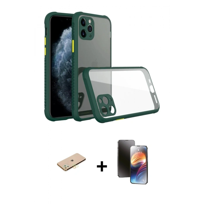 MARSİLYAN™- iPhone 11 Pro Kılıf Nova Asil Özel Seri - Siyah 3D Antistatik Mat Seramik Nano Ekran Koruyucu + Pembe Renkli Kamera Lens Koruma Cam