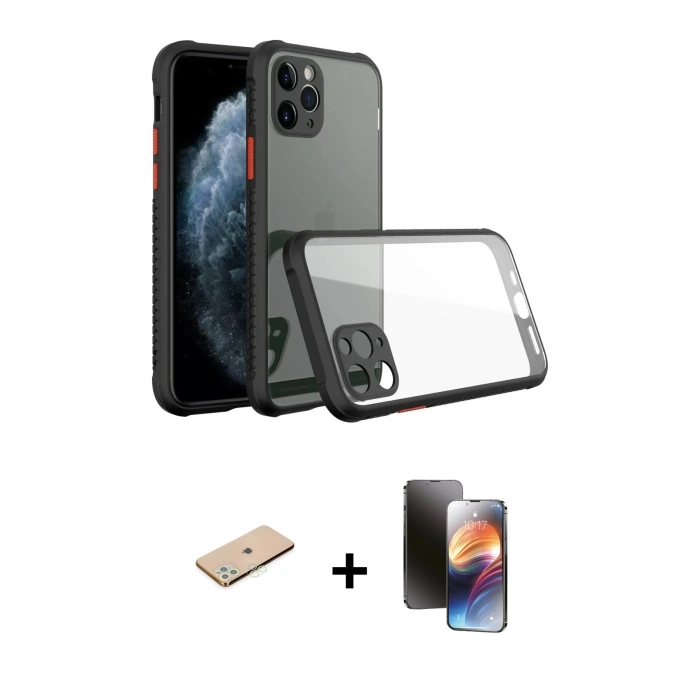 MARSİLYAN™- iPhone 11 Pro Kılıf Nova Asil Özel Seri - Siyah 3D Antistatik Mat Seramik Nano Ekran Koruyucu + Renkli Kamera Lens Koruma Cam - YL