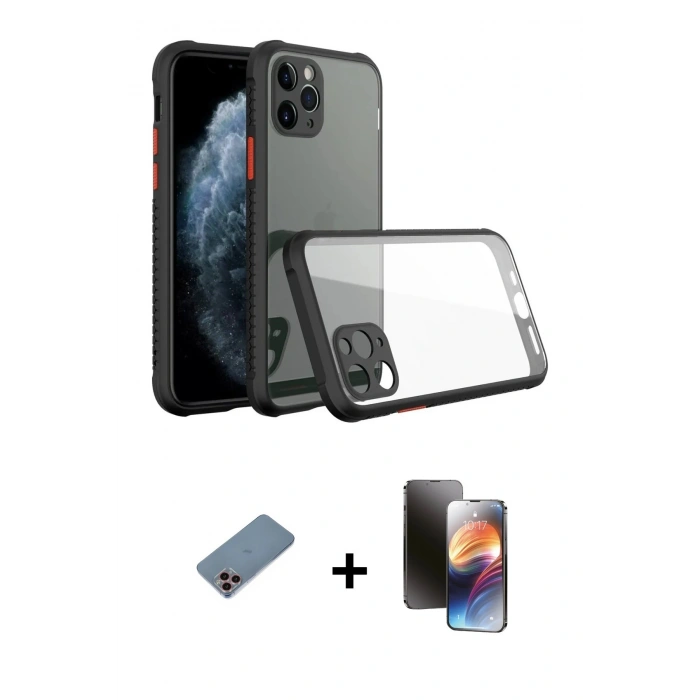 MARSİLYAN™- iPhone 11 Pro Kılıf Nova Asil Özel Seri - Siyah 3D Antistatik Mat Seramik Nano Ekran Koruyucu + Shine Kamera Lens Koruma Cam - PE