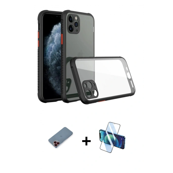 MARSİLYAN™- iPhone 11 Pro Kılıf Nova Asil Özel Seri - Siyah 3D Antistatik Seramik Nano Ekran Koruyucu + Metal Kamera Lens Koruma Cam - KI