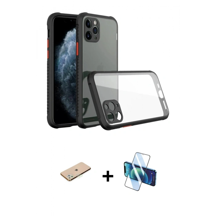 MARSİLYAN™- iPhone 11 Pro Kılıf Nova Asil Özel Seri - Siyah 3D Antistatik Seramik Nano Ekran Koruyucu + Yeşil Renkli Kamera Lens Koruma Cam