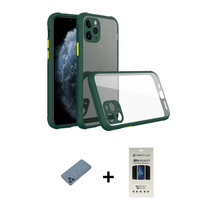 MARSİLYAN™- iPhone 11 Pro Kılıf Nova Asil Özel Seri - Siyah 5D Hayalet Cam Ekran Koruyucu + Shine Kamera Lens Koruma Cam - MI