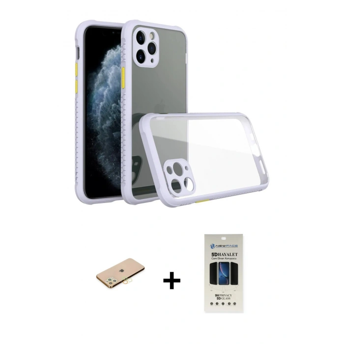 MARSİLYAN™- iPhone 11 Pro Kılıf Nova Asil Özel Seri - Siyah 5D Hayalet Cam Ekran Koruyucu + Renkli Kamera Lens Koruma Cam - PE
