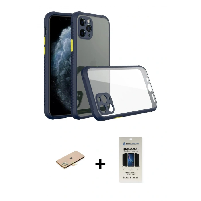 MARSİLYAN™- iPhone 11 Pro Kılıf Nova Asil Özel Seri - Siyah 5D Hayalet Cam Ekran Koruyucu + Renkli Kamera Lens Koruma Cam - PE