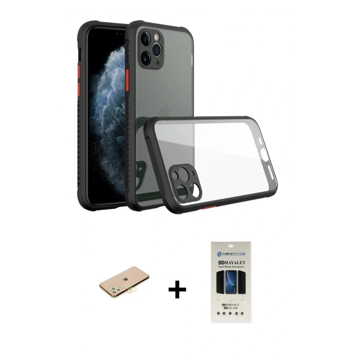 MARSİLYAN™- iPhone 11 Pro Kılıf Nova Asil Özel Seri - Siyah 5D Hayalet Cam Ekran Koruyucu + Renkli Kamera Lens Koruma Cam - PE