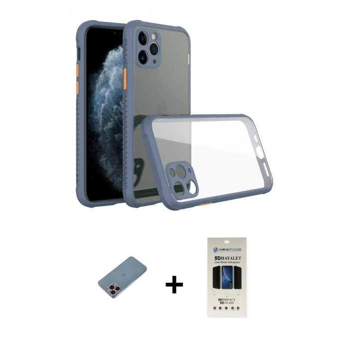 MARSİLYAN™- iPhone 11 Pro Kılıf Nova Asil Özel Seri - Siyah 5D Hayalet Cam Ekran Koruyucu + Shine Kamera Lens Koruma Cam - PE