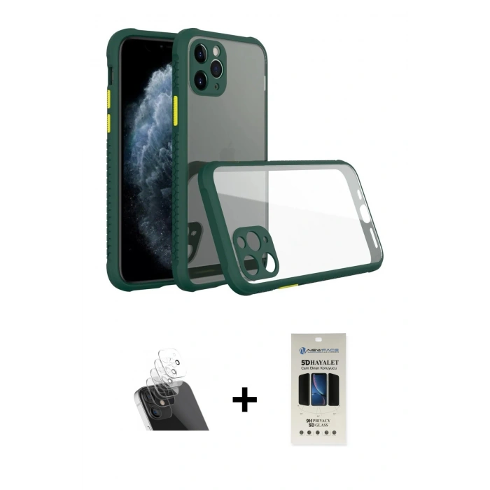 MARSİLYAN™- iPhone 11 Pro Kılıf Nova Asil Özel Seri - Siyah 5D Hayalet Cam Ekran Koruyucu + Kamera Lens Koruma Cam - SF