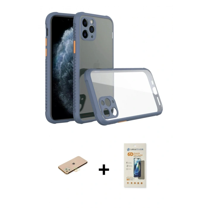 MARSİLYAN™- iPhone 11 Pro Kılıf Nova Asil Özel Seri - Siyah 6D Mat Seramik Hayalet Nano Ekran Koruyucu + Renkli Kamera Lens Koruma Cam - PE