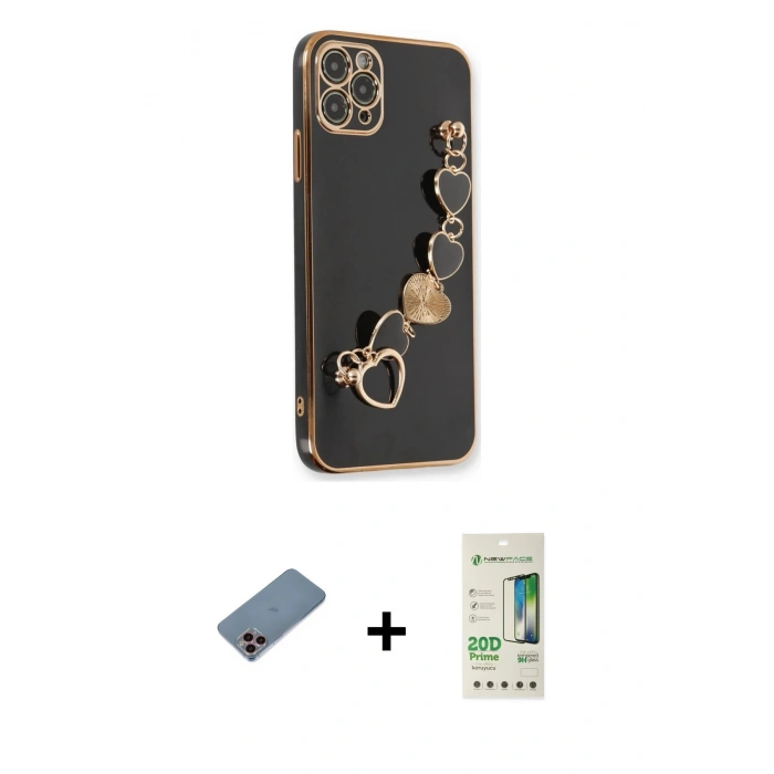 MARSİLYAN™- iPhone 11 Pro Kılıf Nova Işık Prime - Siyah 20D Premium Cam Ekran Koruyucu + Pembe Shine Kamera Lens Koruma Cam