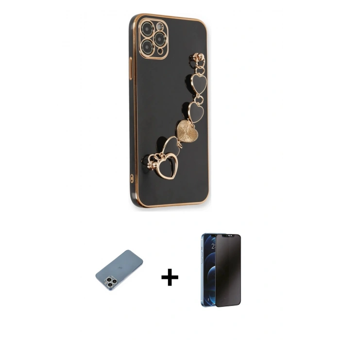MARSİLYAN™- iPhone 11 Pro Kılıf Nova Işık Prime - Siyah 3D Antistatik Hayalet Cam Ekran Koruyucu + Shine Kamera Lens Koruma Cam - GS