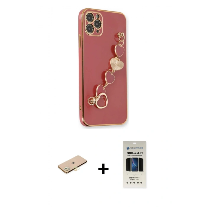 MARSİLYAN™- iPhone 11 Pro Kılıf Nova Işık Prime - Siyah 5D Hayalet Cam Ekran Koruyucu + Pembe Renkli Kamera Lens Koruma Cam