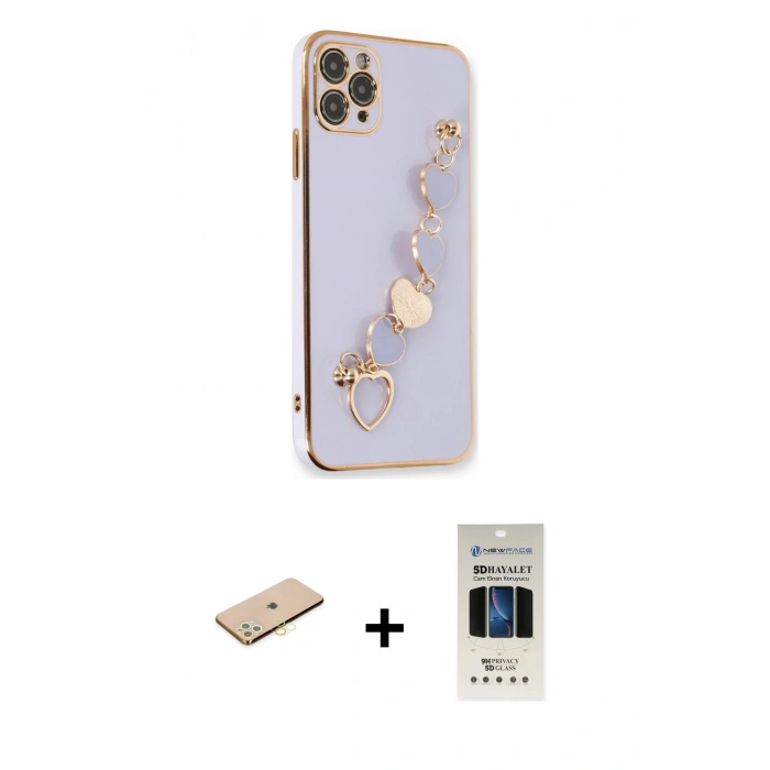 MARSİLYAN™- iPhone 11 Pro Kılıf Nova Işık Prime - Siyah 5D Hayalet Cam Ekran Koruyucu + Pembe Renkli Kamera Lens Koruma Cam