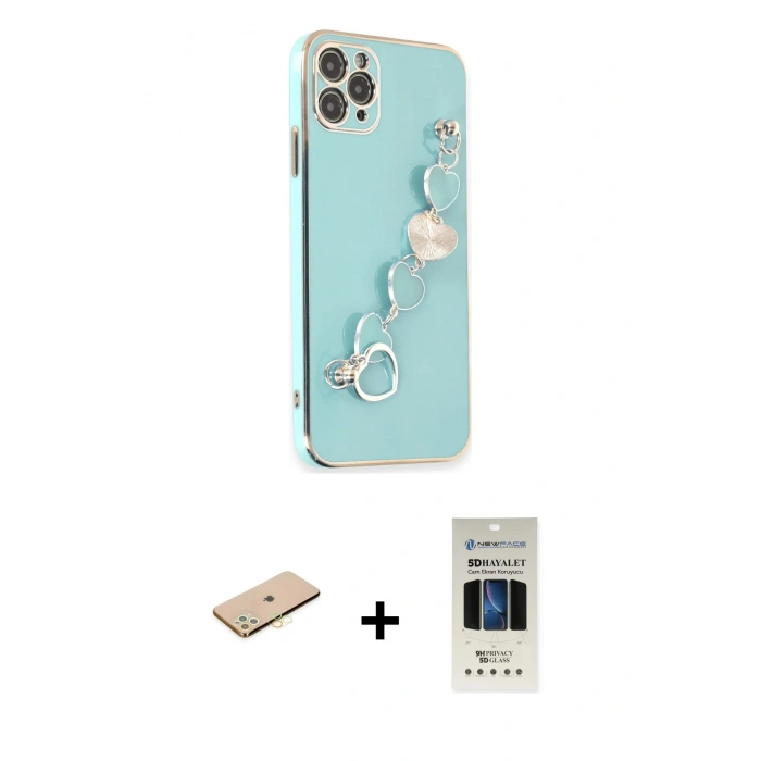 MARSİLYAN™- iPhone 11 Pro Kılıf Nova Işık Prime - Siyah 5D Hayalet Cam Ekran Koruyucu + Pembe Renkli Kamera Lens Koruma Cam