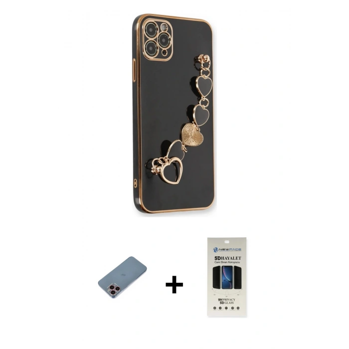MARSİLYAN™- iPhone 11 Pro Kılıf Nova Işık Prime - Siyah 5D Hayalet Cam Ekran Koruyucu + Shine Kamera Lens Koruma Cam - PE