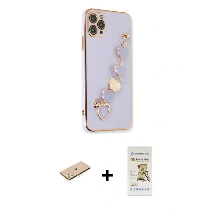 MARSİLYAN™- iPhone 11 Pro Kılıf Nova Işık Prime - Siyah Mat Seramik Nano Ekran Koruyucu + Pembe Renkli Kamera Lens Koruma Cam