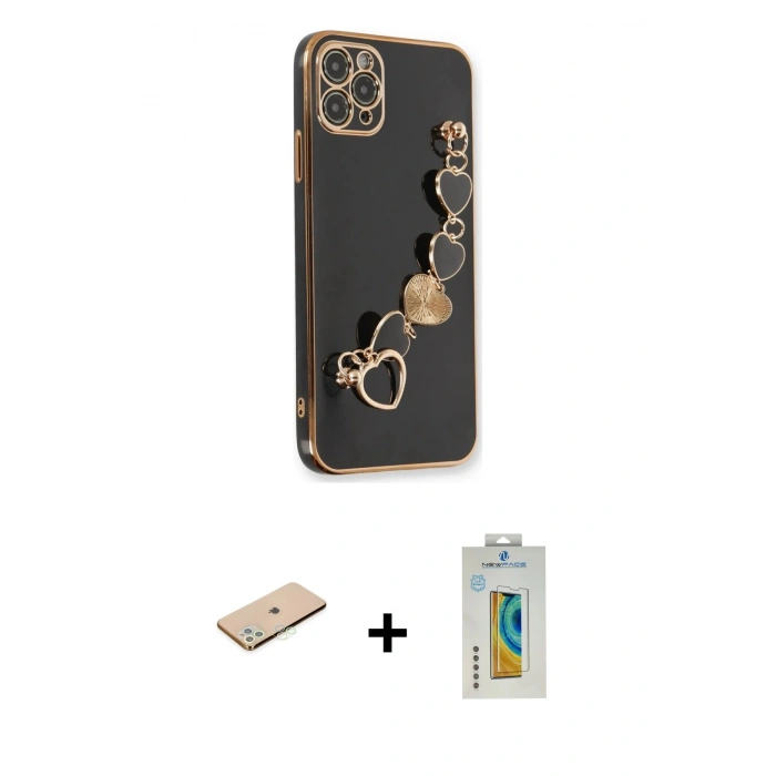 MARSİLYAN™- iPhone 11 Pro Kılıf Nova Işık Prime - Siyah Polymer Nano Ekran Koruyucu + Renkli Kamera Lens Koruma Cam - YL