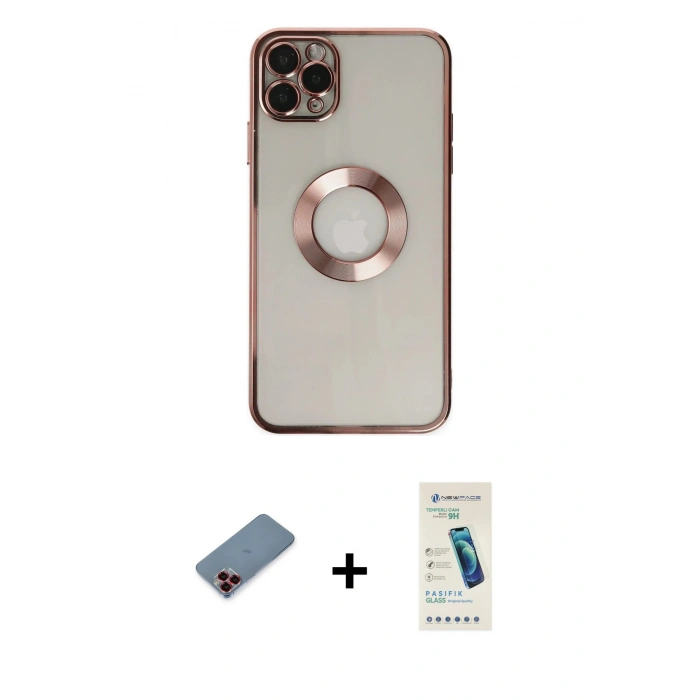 MARSİLYAN™- iPhone 11 Pro Kılıf Pusula Form - Şeffaf Pasifik Cam Ekran Koruyucu + Metal Kamera Lens Koruma Cam - KI