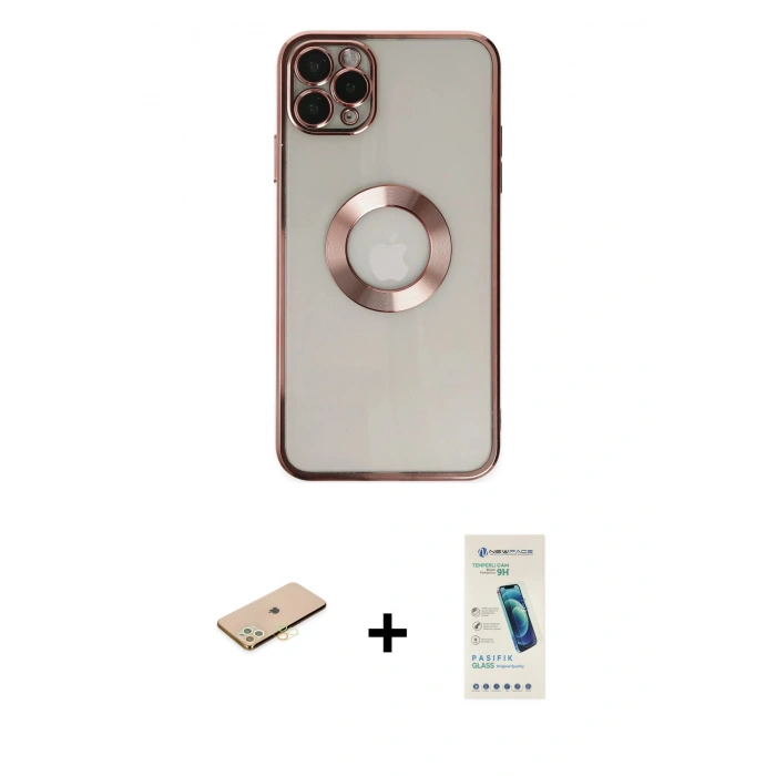 MARSİLYAN™- iPhone 11 Pro Kılıf Pusula Form - Şeffaf Pasifik Cam Ekran Koruyucu + Sarı Renkli Kamera Lens Koruma Cam