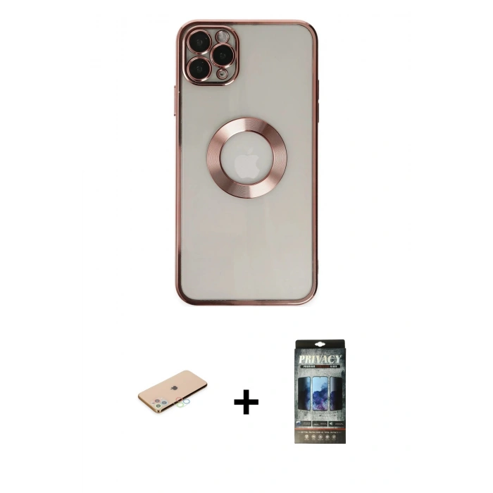 MARSİLYAN™- iPhone 11 Pro Kılıf Pusula Form - Siyah 34D Hayalet Izgaralı Cam + Renkli Kamera Lens Koruma Cam - MI