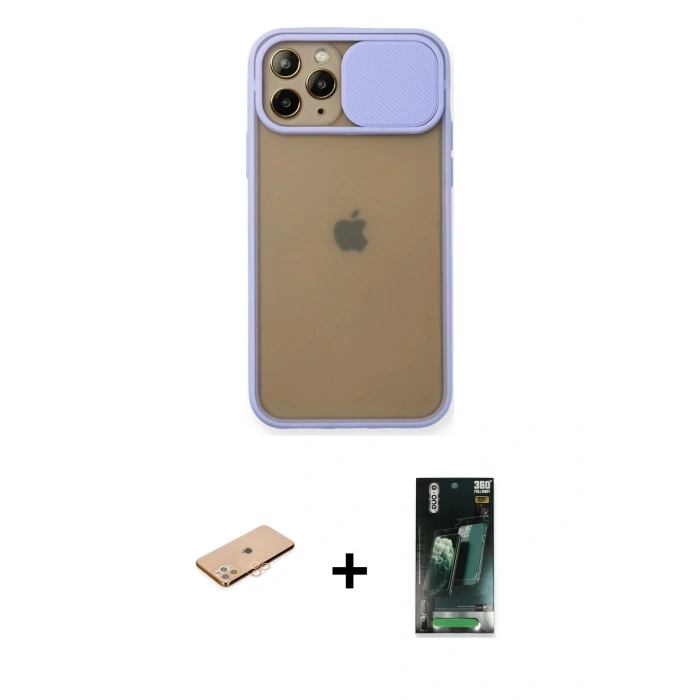 MARSİLYAN™- iPhone 11 Pro Kılıf Vadi Çizgi - Şeffaf 360 Full Body Arka Koruyucu + Renkli Kamera Lens Koruma Cam - TU